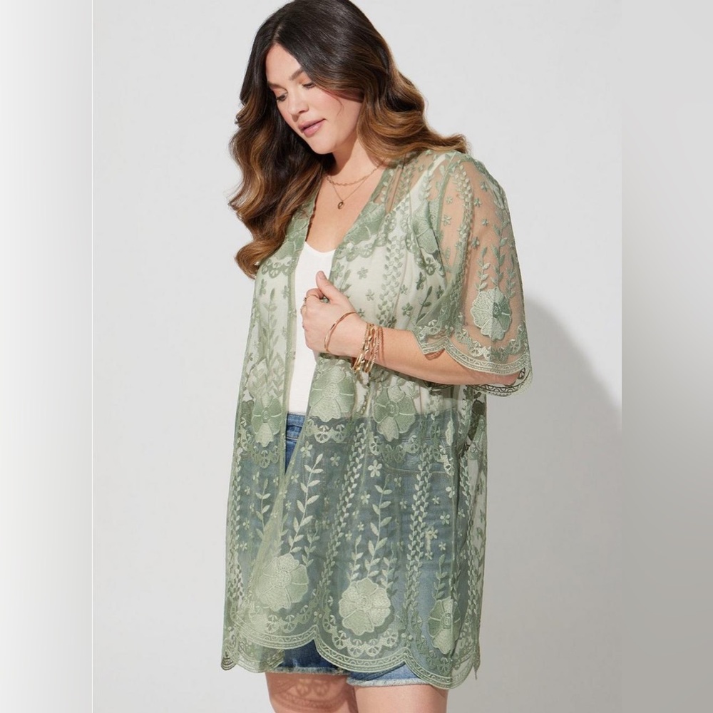 NWT Olive Mesh Crochet Lace Kimono, 3/4